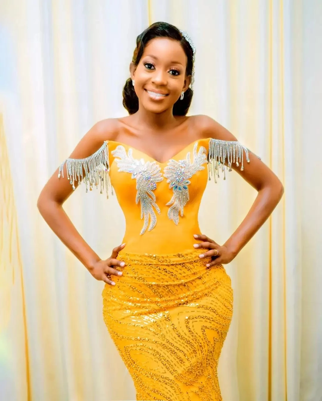 2025 Mooie Geel Kant Aso Ebi Stijl Prom Zwarte Meisjes Formele Jurk Aangepaste Kralen Kwasten Applique Afrikaanse Bruiloft Jurk