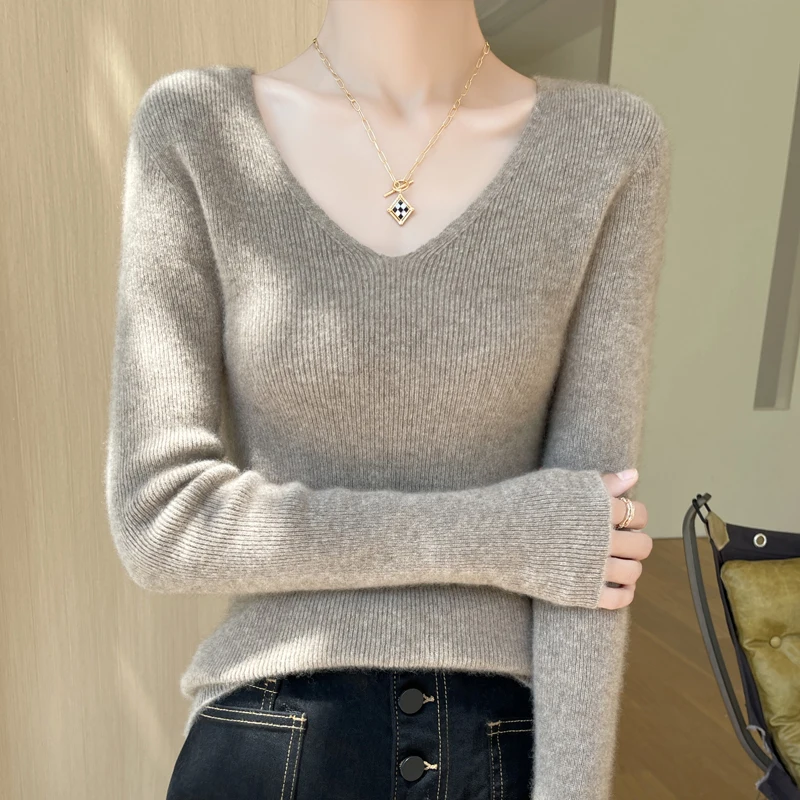 New Autumn And Winter V-Neck Pullover Sweater, Skin-Friendly, Highly Elastic Solid-Color Knitted Long-Sleeved Women's Top-GH459