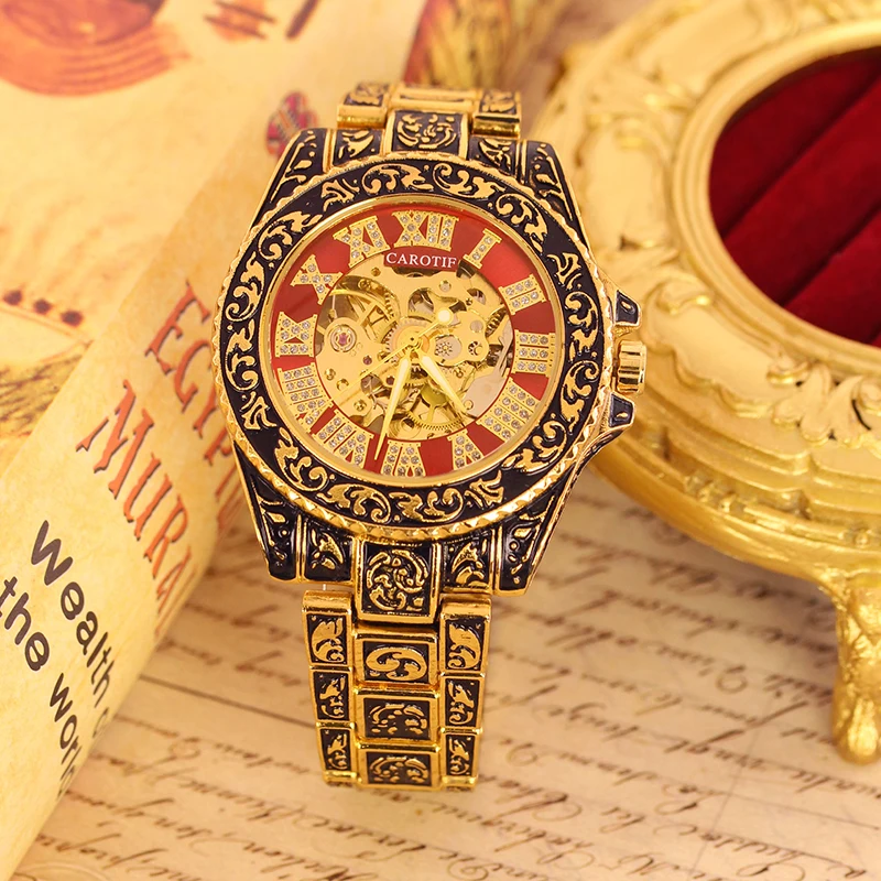 

A Men's Gold Steel Band Retro Business Style Pattern Case Fully Automatic Mechanical Watch