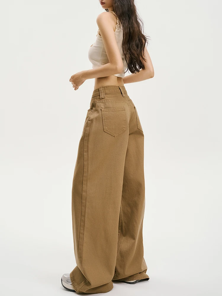 جينز بني 2025 للنساء Y2K الهيب هوب جينز عتيق عالي الخصر مستقيم ملابس الشارع الشهير فضفاض غير رسمي مقاس كبير بنطال جينز واسع الساق