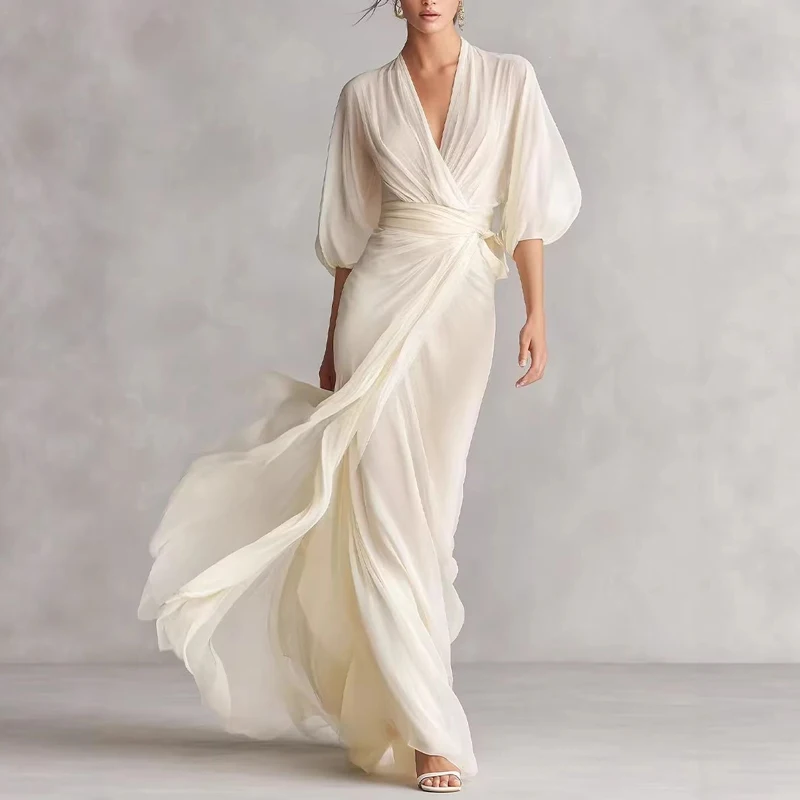 

Summer Puff Sleeves Solid Loose Robe Dress Casual V Neck High Waisted Lace Up Women's Dress Fashion Holiday Draped Long Dresses