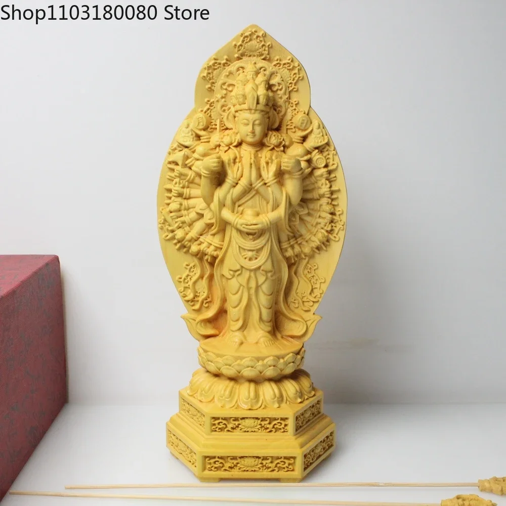 

20cm Boxwood carving Heart Sutra Thousand-Hand Kwan-yin Guanyin buddha statue Large size Wooden buddha