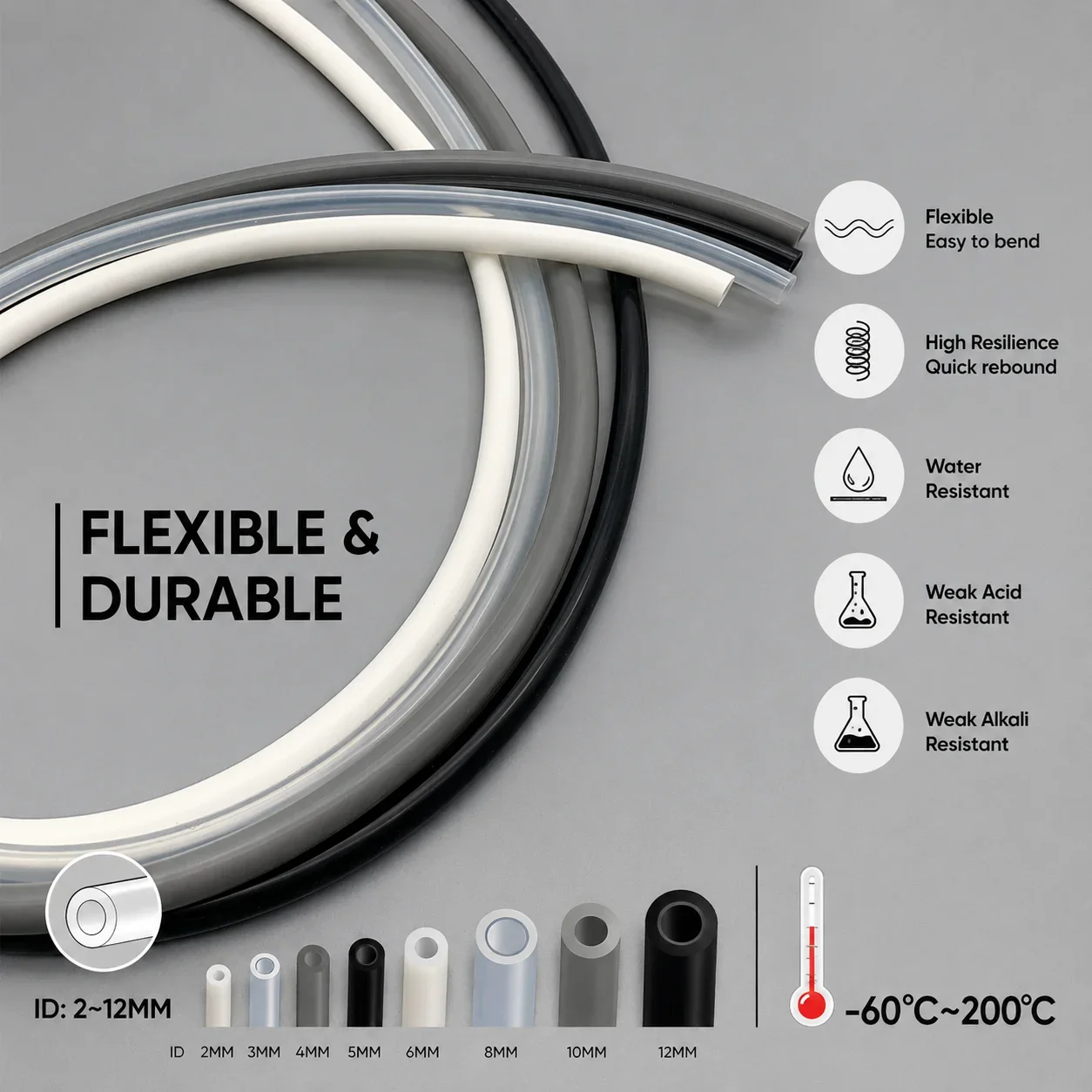 Food Grade Colored Silicone Tubing ID2-12mm High and Low Temperature Resistant for Beverage Straws and Laboratory Fluid Transfer