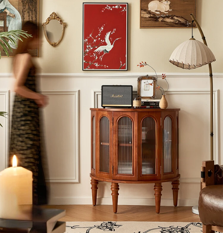 French retro solid wood porch, living room entrance door against the wall side cabinet