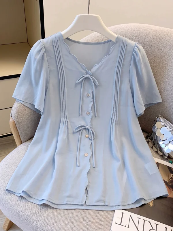 

Light Blue Bow Tie V Neck Shoulder Shirt Women's 2026 Summer New plus Size Anti Aging Doll Shirt Top Korean Style Loose Fit
