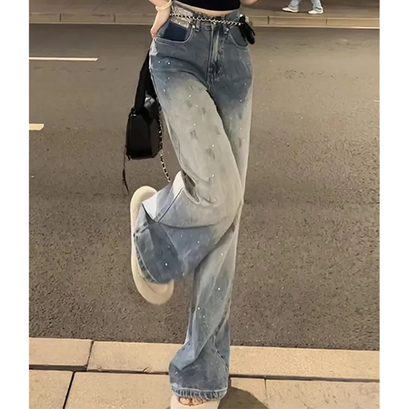 2025 Dames Hoge Taille Wijde Pijpen Jeans Lente Herfst Femme Losse Rechte Denim Pantalons Amerikaanse Vrouwen Gradiënt Cowboybroek