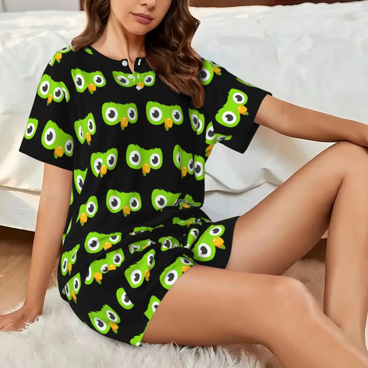 

Duolingo Owl Duo Round Neck Short Sleeves Nightdress for Sleeping Sleepshirts Women Loose Pajama Set Short Pants