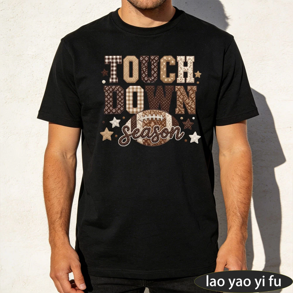 Touchdown Season Plaid Star Patchwork Football Graphic Men Summer Cotton T Shirt Neutral Fall Sport Short Sleeve Garment