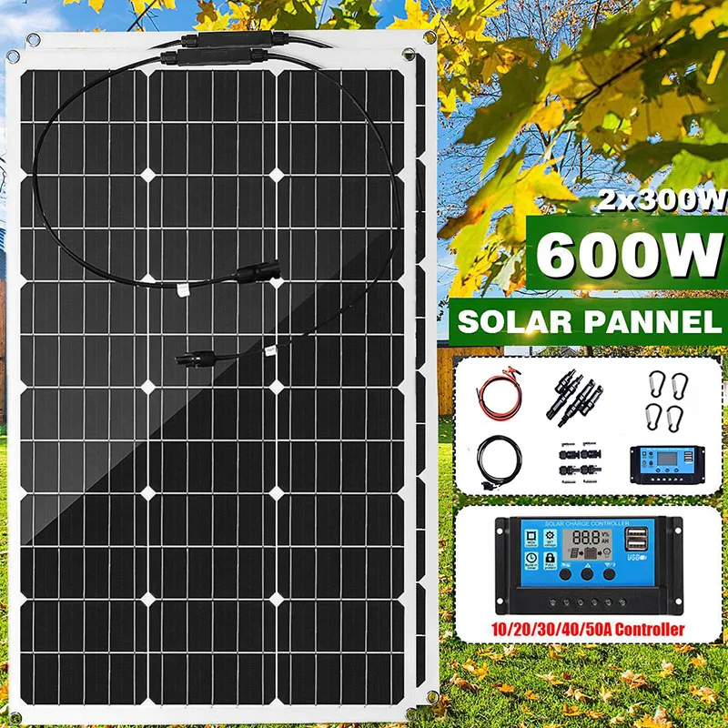 600W Solar PV Panel Kit 60A Solar Charge Controller Waterproof Solar Cell Outdoor Car Power Supply for Outdoor Camping Hiking