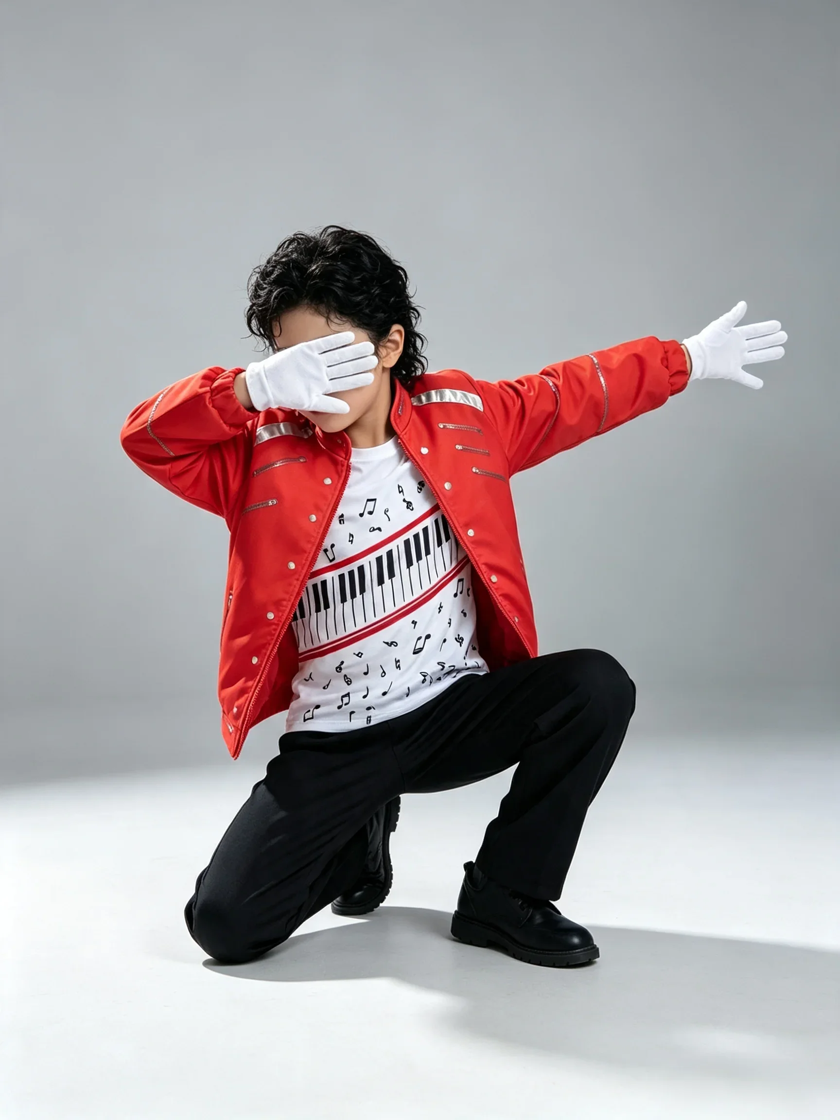 Moonwalk Rote Jacke Kostüm-Set für Jungen, T-Shirt mit Klavier-Print, Schwarze Hose für Kinder, Bühnenshow, Halloween, Sänger-Cosplay-Outfit – Detail 4