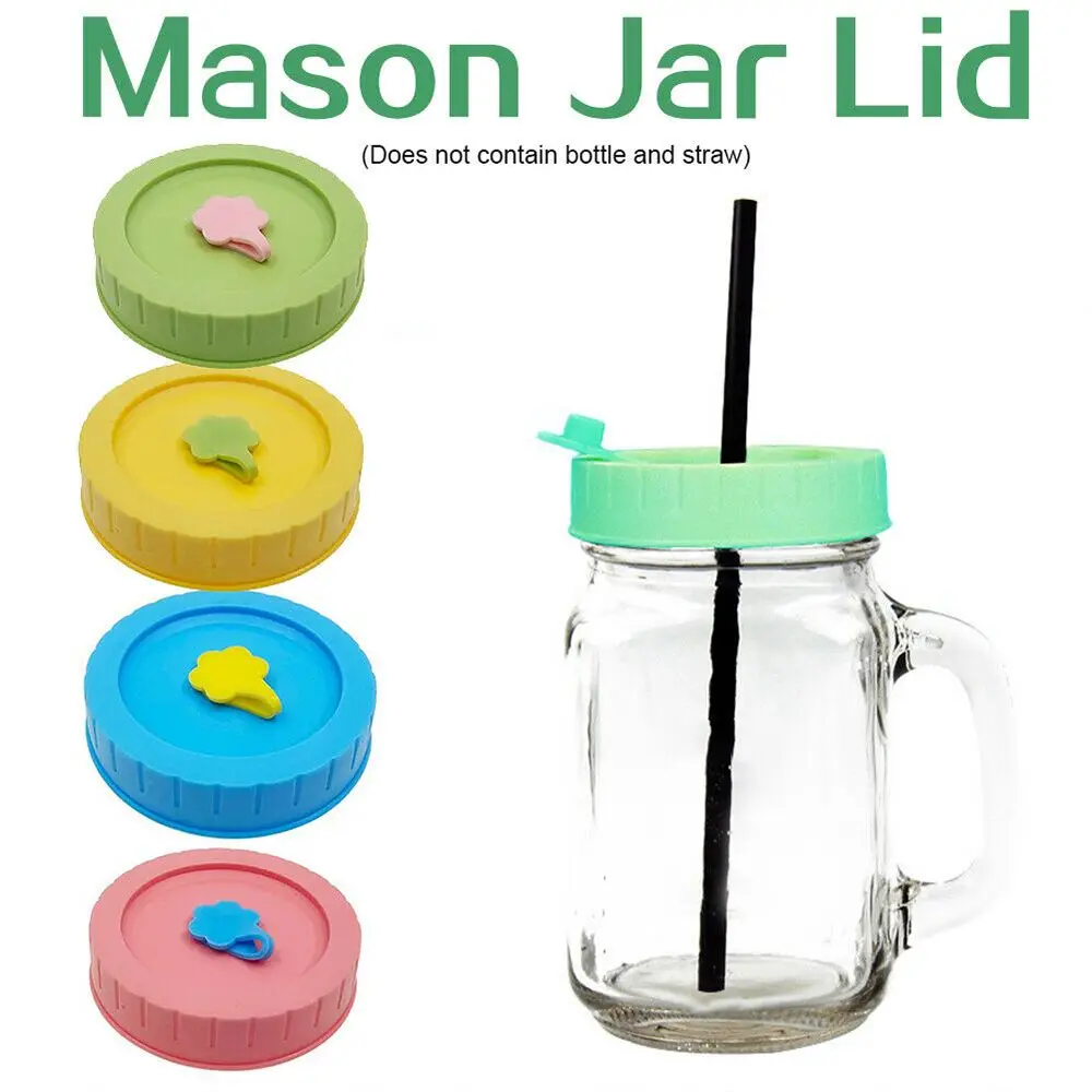 

1/4Pcs Plastic Cute Leak-Proof Mason Jar Lids With Straw Hole Jar Caps Canning Lids