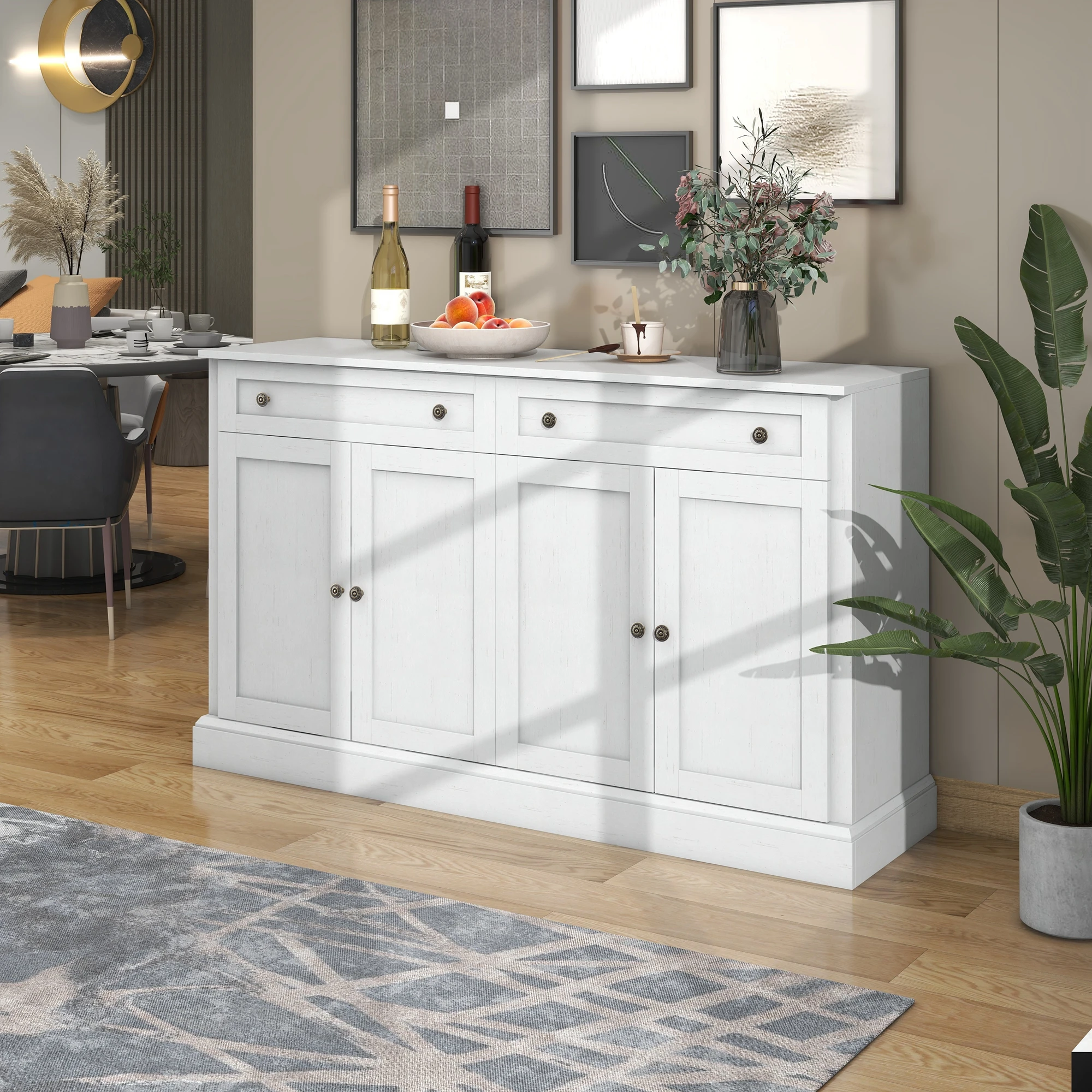 VSOGA Large sideboard, 4 doors, 2 drawers, modern buffet cabinet, 150x40x86 cm, antique white