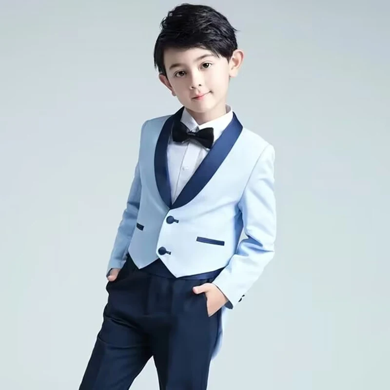 

Светло-голубой костюм из 2 предметов для мальчиков, модный приталенный пиджак с шалью и лацканами, деловой фрак, детские сценические свадебные костюмы (пиджак + брюки)