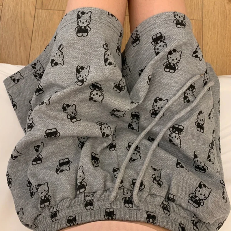 Sanrio Hello Kitty Cartoon Cat Printed Clothes Women\'s Summer High Waisted Loose Shorts Casual Sports Fashion Five Quarter Pants