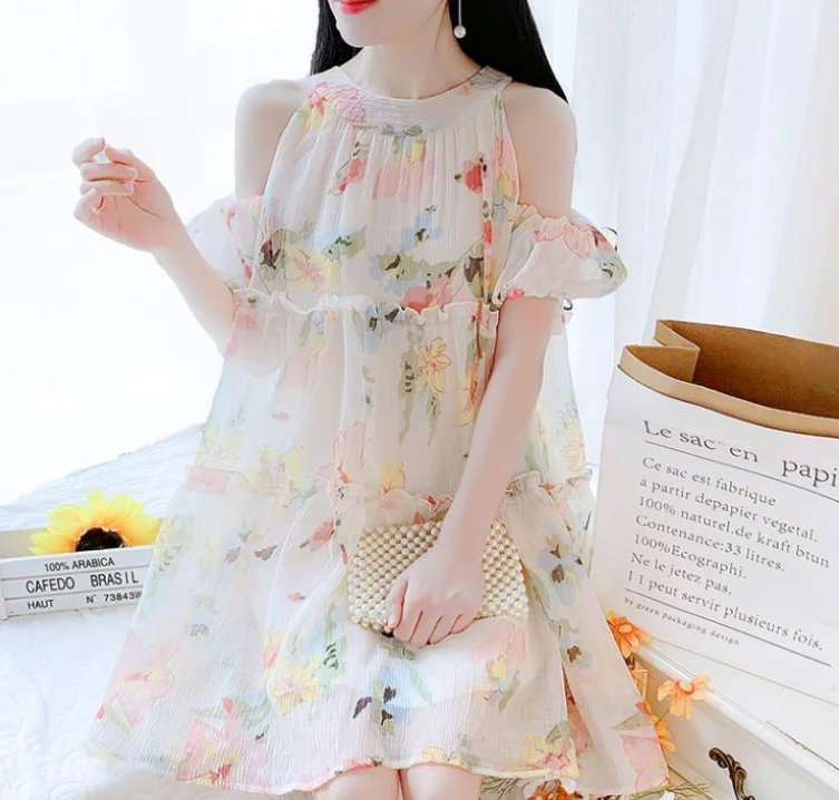 2025 Women's Fashion Spring Summer Hot Selling Dopamine Small Fresh Color Texture Hanging Neck Lantern Sleeve Floral Fairy Dress