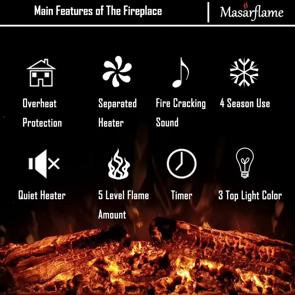 40'' Electric Fireplace Insert, Retro Recessed Fireplace Heater with Fire Cracking Sound, Remote Control & Timer