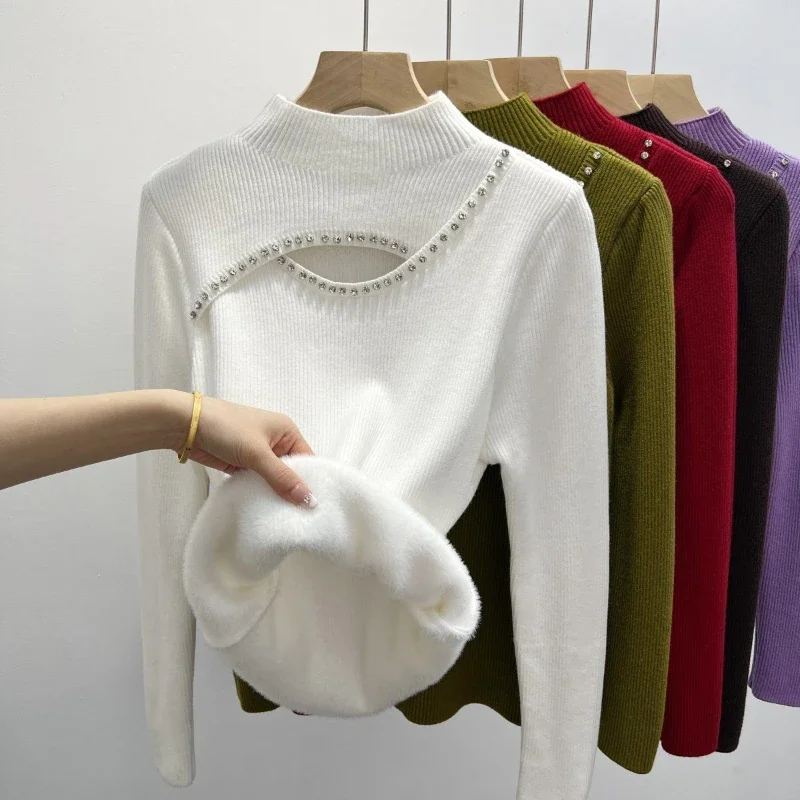 

Plus Velvet Sweaters For Womens Winter Warm Knit Pullovers Half Turtleneck Korean Fashion Fleece Lined Knitwear Bottomed Tops