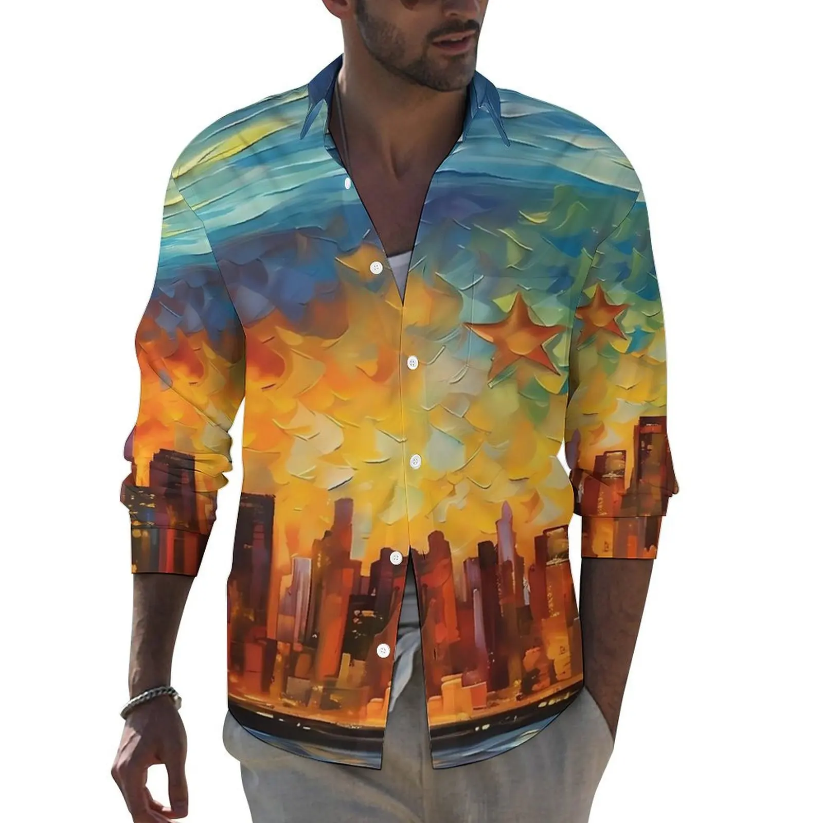 Van Gogh Shirt Male Abstract Starry Night Casual Shirts Spring Street Graphic Blouses Long Sleeve Fashion Oversize Top Gift Idea