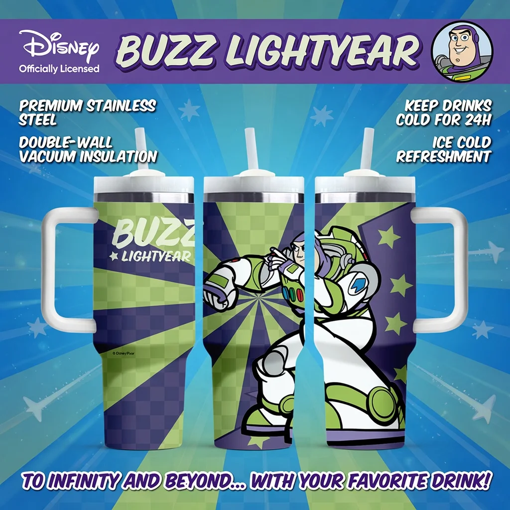 1 Stück 40oz Disney Buzz Lightyear Edelstahl-Becher mit Griff und Strohhalm, isolierter Reise-Kaffeebecher, niedliche Cartoon-Wasserflasche
