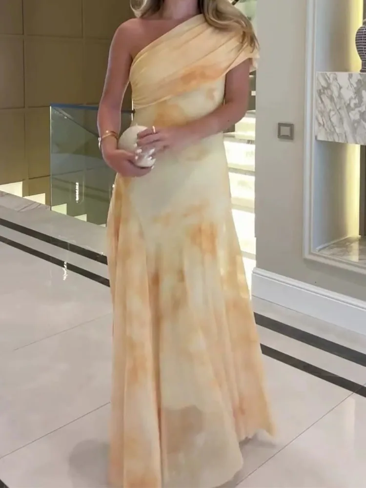 女性用エレガントなハイウエストドレープロングドレス、ファッショナブルな柄プリント、バックレススリムドレス、セクシーな斜め肩ノースリーブボヘミアン風ドレス