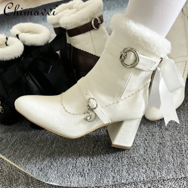 

Autumn and Winter New Fashion Chunky Heel Shoes Sweet Girl Fleece-Lined Short Boots Elegant Lolita Snow Boots for Women