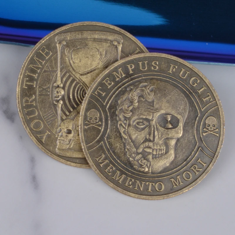 عملة جمجمة معدنية عتيقة ، تذكّر تحمل عملات معدنية ملهمة ، وقتك محدود ، TEMPUS foodit ، تذكار موري
