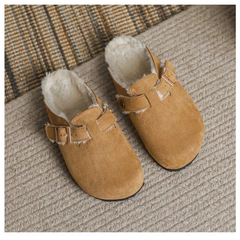 New Women's Slippers Autumn Winter Leather Round Toe Slippers Couple Slippers Outdoor Casual Keep Warm Women Suede Slides Shoes