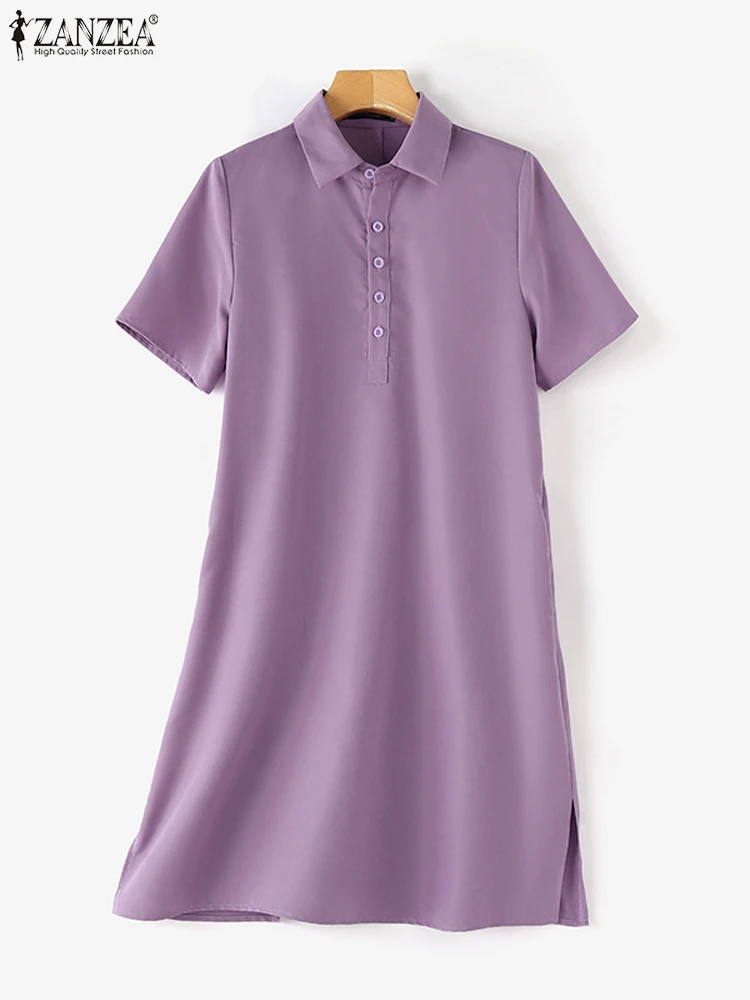 Zanzea Dames Overhemdjurk Met Korte Mouwen Pendelen Elegante Turn-Down Kraag Dagelijkse Vestidos Effen Casual Zomer 2024 Knielange Jurk
