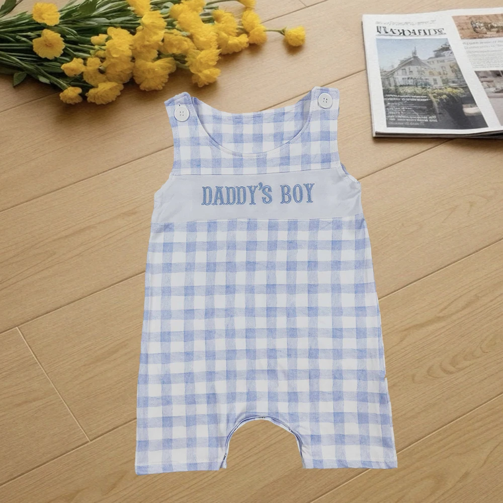 

9.9 Baby Boys Summer Rompers Embroidery Baby Infant Boys Sleeveless Blue Plaid DADDY'S BOY Rompers