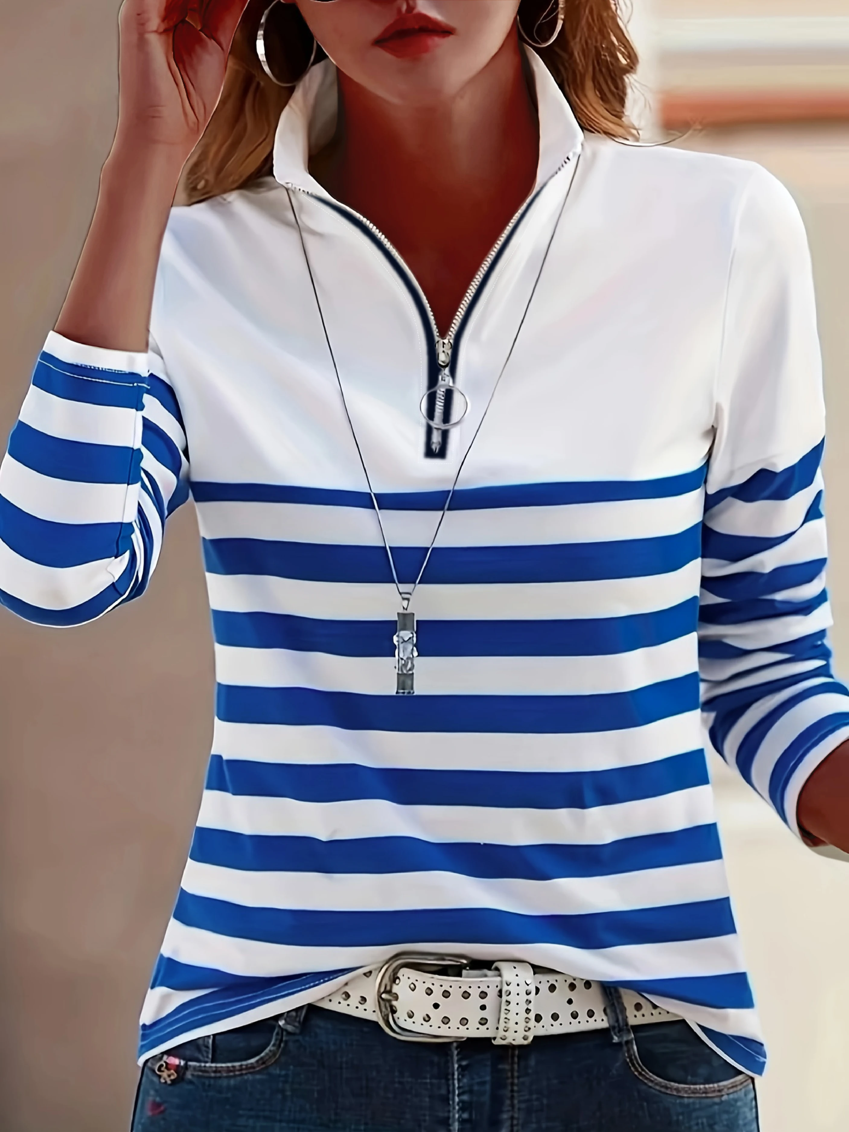 

2025 Plus Size New women's striped printed zipper long-sleeved T-shirts from Europe and America for autumn and winter
