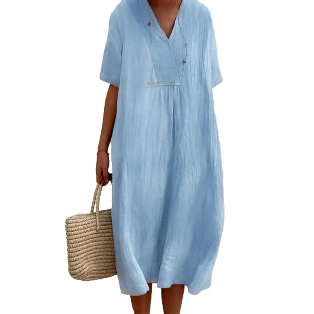 Summer Women Dress V Neck Short Sleeve Loose Dress A-line Pullover Mid-calf Length Casual Midi Dress