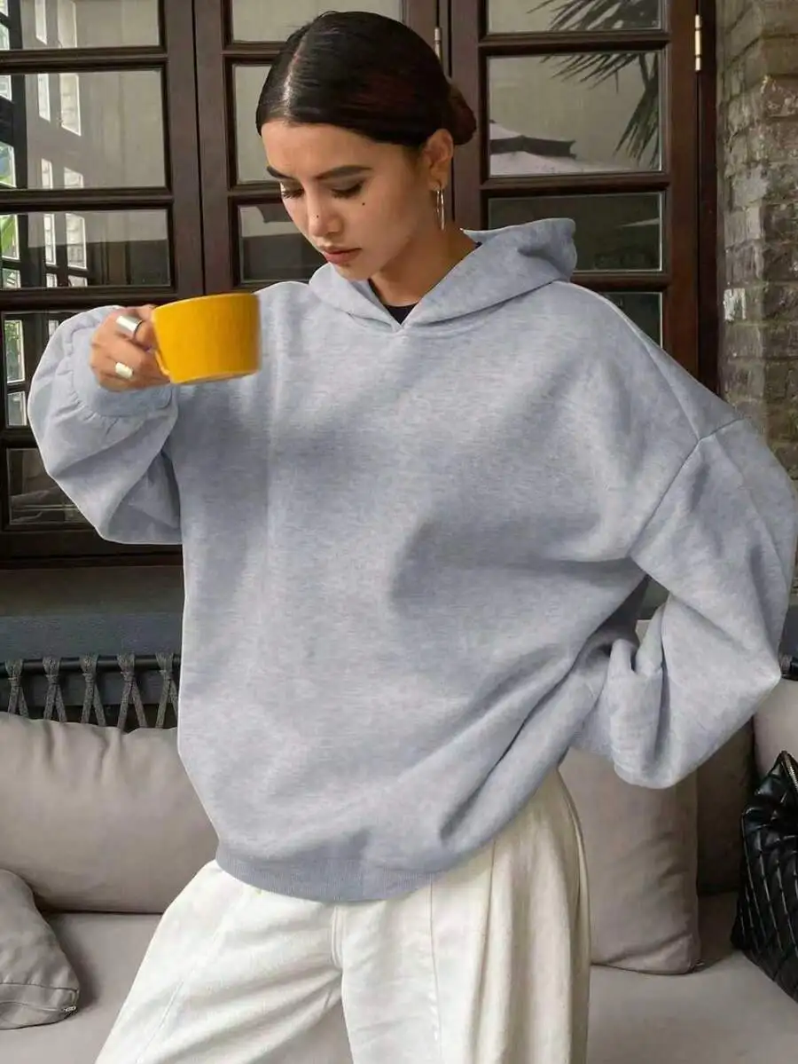 

Oversized Gray Hooded Sweatshirt for Teens, Soft Thermal Lined, Casual Wear