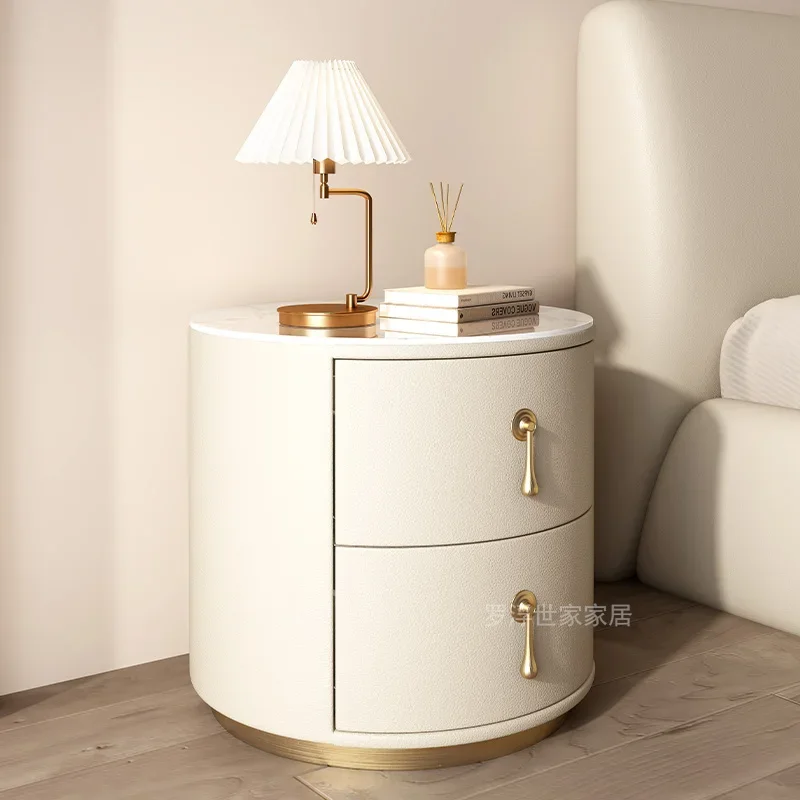 Light luxury bedside table Round modern simple small bedside table Bedroom advanced rock slab solid wood leather bedside table