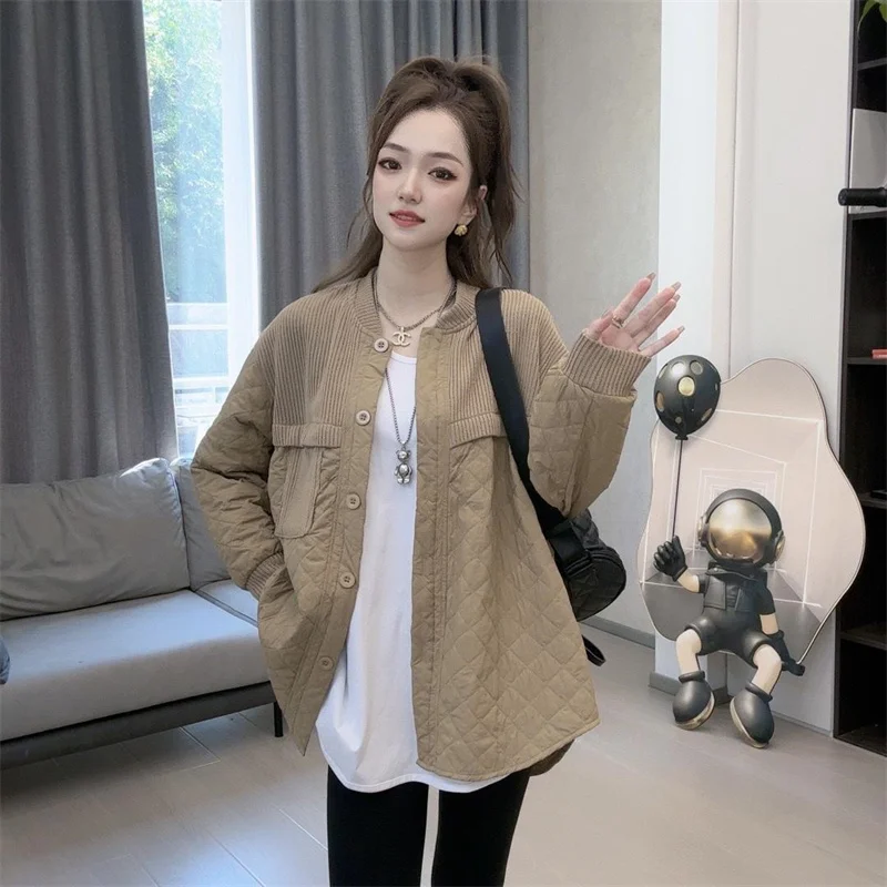 

Female New Korean Small Cotton-padded Jacket Women's Autumn Fashion Joker Rhombic Stitching Loose Clip Thin Cotton-padded Coat