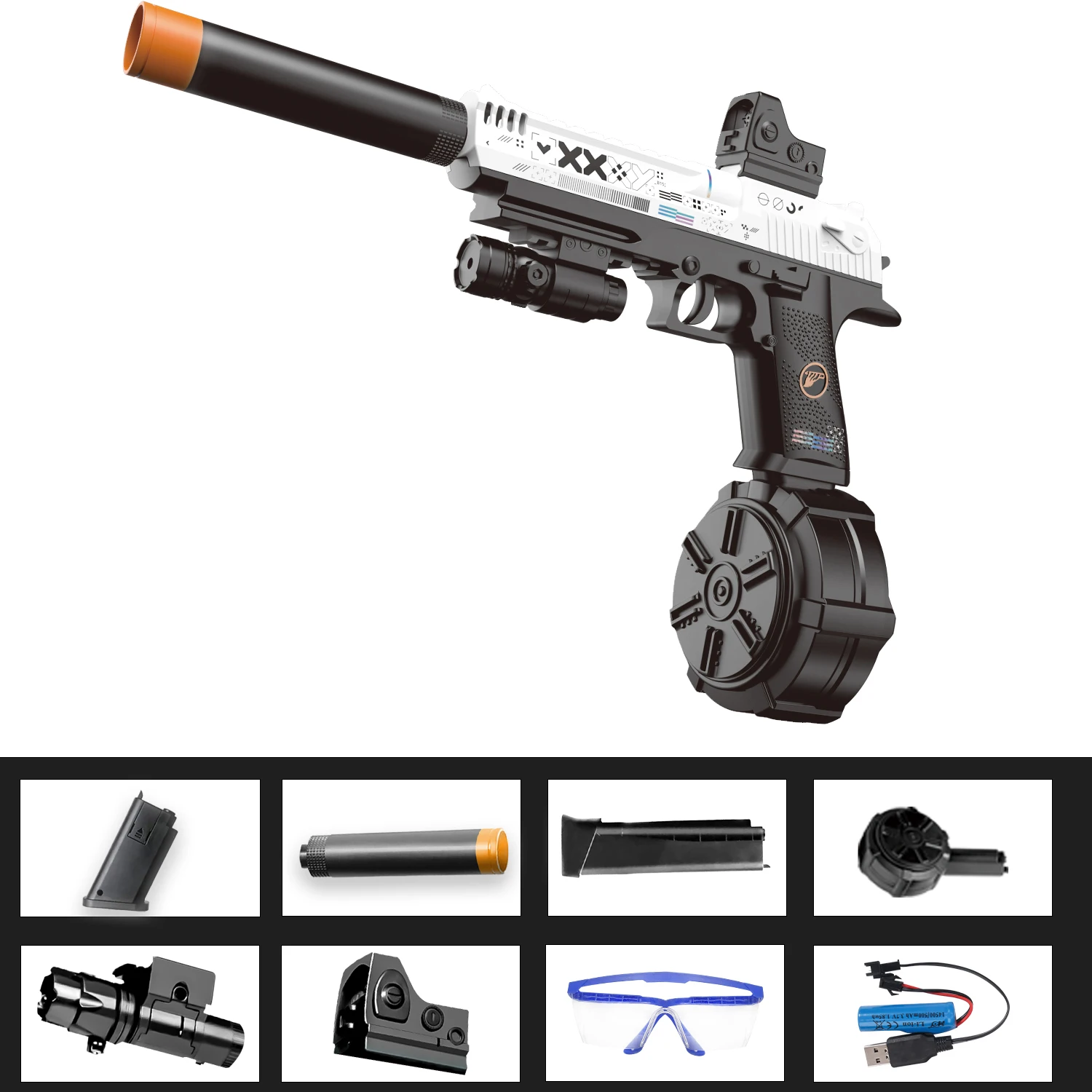 장난감 권총, 젤 볼 건, 전기 버스트 및 수동 단발 사격 모드, 3개의 탄창, 충전식 배터리 포함, 야외용