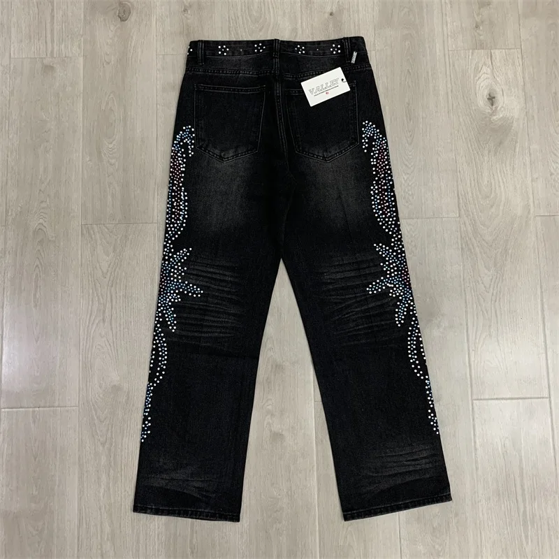 풀 핫 드릴 찢어진 바지 VALLEY 블루 진 남녀 공용 아메리칸 빈티지 블랙 발레 데님 바지
