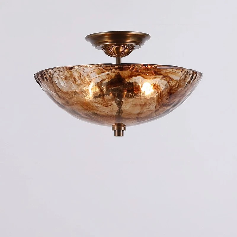 

American All Copper LED Ceiling Lights Rotundity Amber Glass Lampshade Moden Living Room Bedroom Kitchen Restaurant Hanging Lamp
