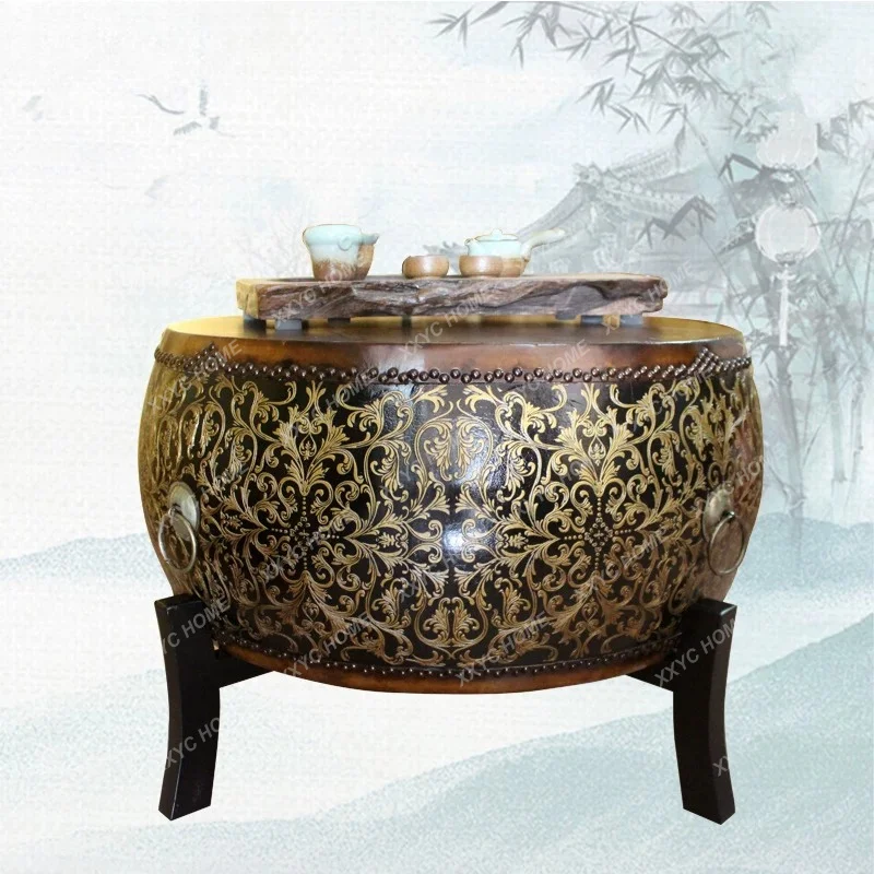 

Modern simple Chinese kung fu tea table solid wood small apartment cowhide drum round coffee table