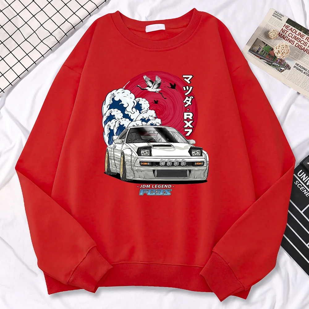 Simple Street Woman Pullovers Japanese Car Waves Crane Red Sun Print Hoody Loose Soft Sweatshirt Fleece Drop Sleeves Clothes