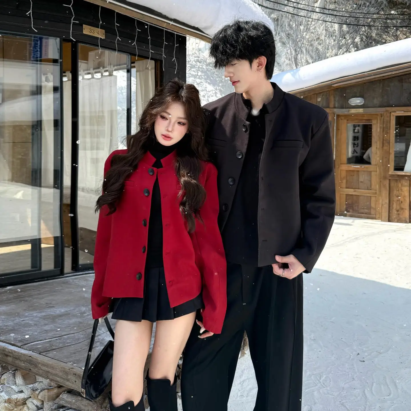 

New Chinese Sle Stand Collar ort Suit Jaet for Men Wedding Ceremony Red Color Casual Winter Faion Youth ular