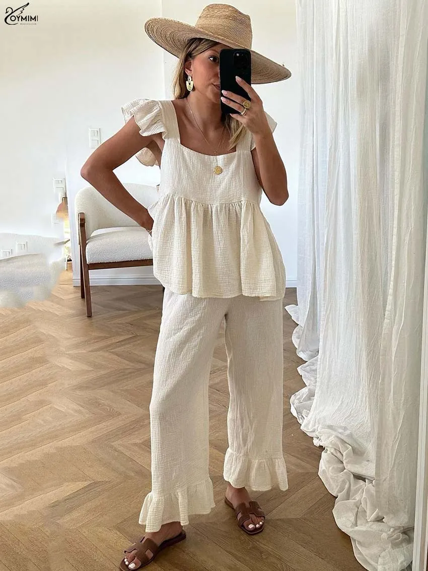 

Oymimi Elegant Beige Cotton 2 Piece Sets Woman Outfit Casual Ruffled Square Neck Open Back Tops And High Waist Trousers Sets