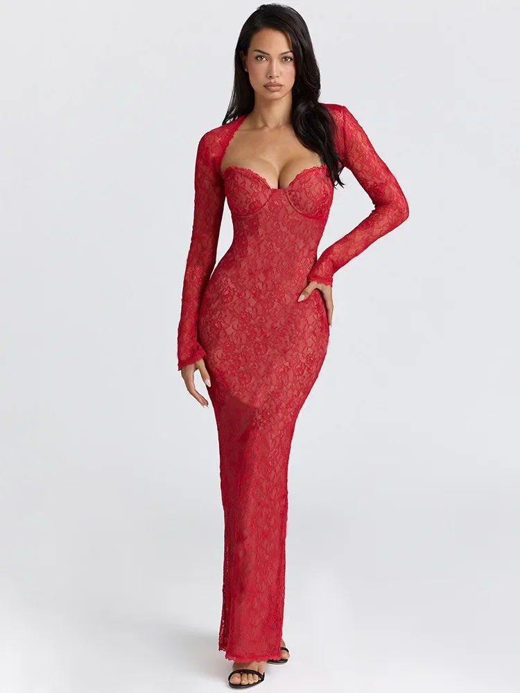 XIAOTANG Elegante pizzo trasparente scialle manica lunga top in due pezzi set donna sexy stretto abito a sirena inverno party club abito da sera