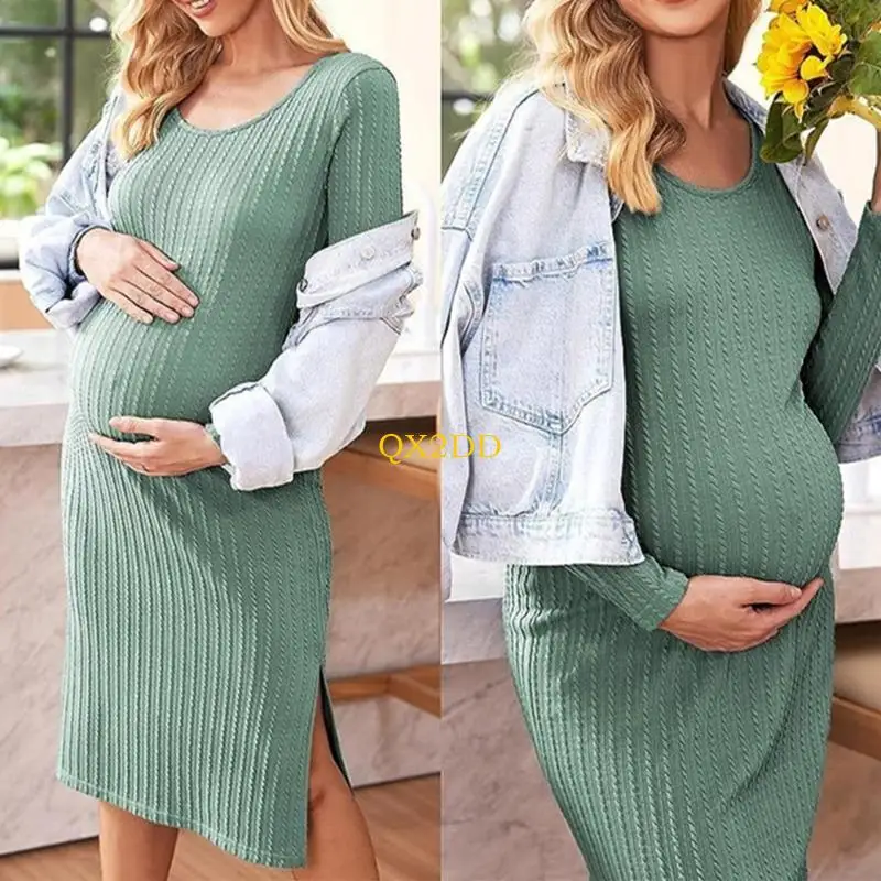 

QX2D эластичное платье в рубчик для беременных, комфортная регулируемая талия, устойчивый к морщинам полиэстер, одежда на четыре