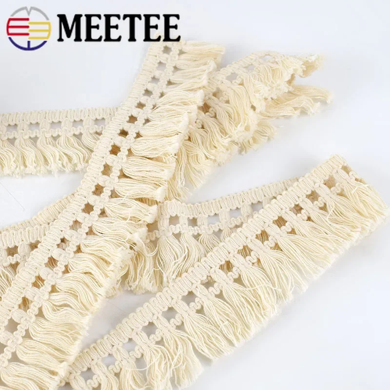 8Meters 45mm Wide Beige Cotton Fringe Lace Trim Fabric Tassel Ribbon DIY Sewing Curtain Laces Home Decor Garment Craft Material