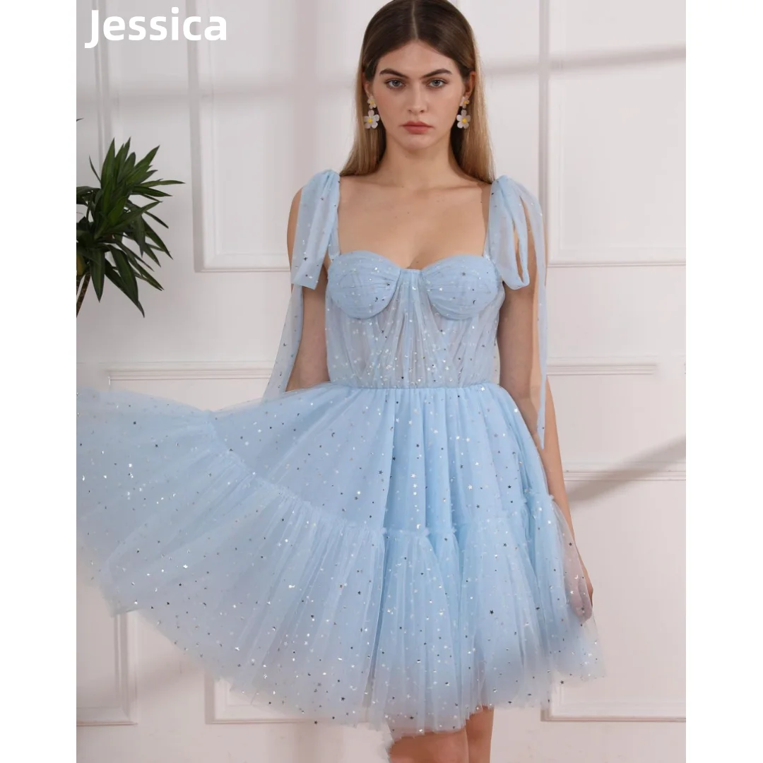 Jessica Sky Blue Prom Dresses Starry Sky Glitter Tulle Princess Evening Dresses Mini A-Shape Wedding Party Dress Robes De Soirée