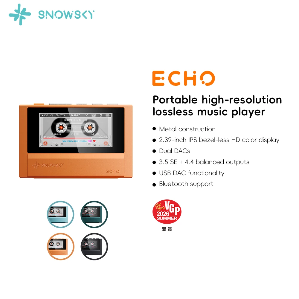 FiiO ECHO – przenośny odtwarzacz muzyki z Bluetooth, podwójnym przetwornikiem cyfrowo-analogowym CS43198, złączami 3,5 mm i 4,4 mm, w stylu klasycznego odtwarzacza Walkman.