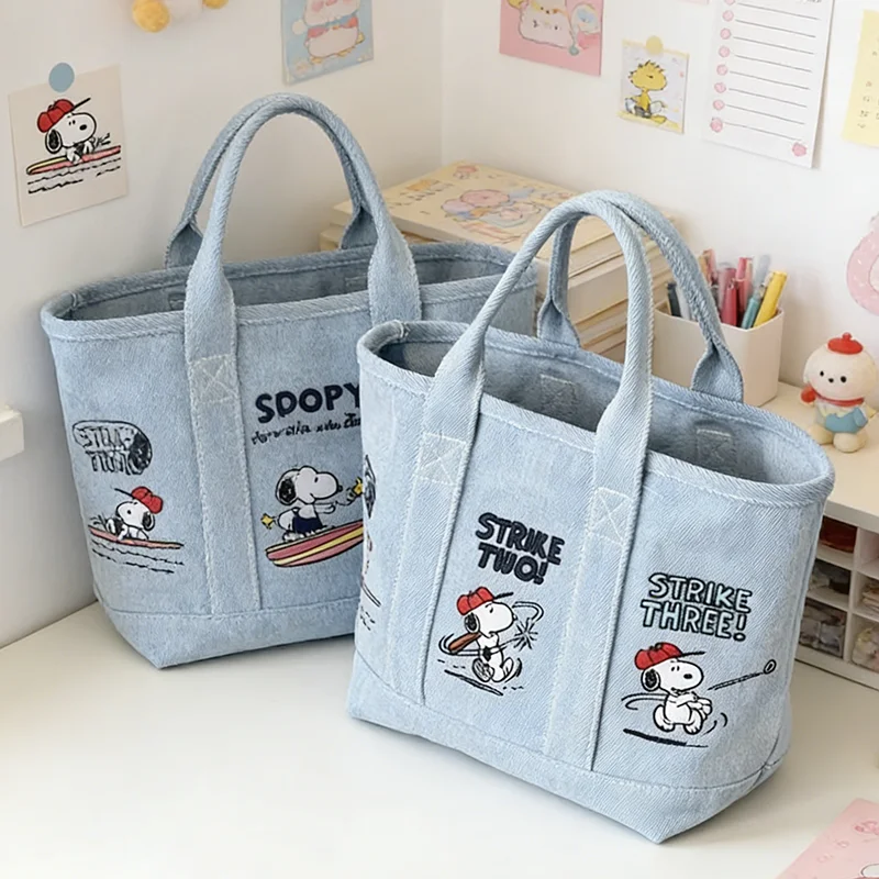 Snoopy Denim Tote Bag Cute Lunch Bag Travel Shopping Embroidery Handbag Student School Office Bento Bag Anime Fashion Girl Gifts