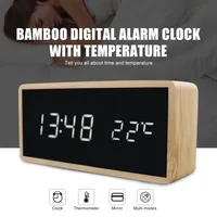 Original Bamboo Wooden Alarm Clock LED Display With Mirror Temperature Digital Watch Desktop Digital Table Clock