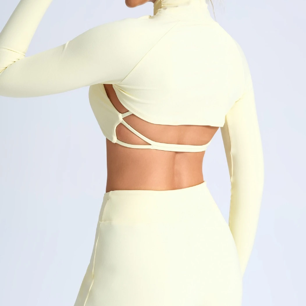 Women 2 In 1 Mock Neck Cutout Long Sleeve Yoga Shrug Crop Top Built-in Sports Bra Gym Fitness Athletic Crop Top Workout Shirt