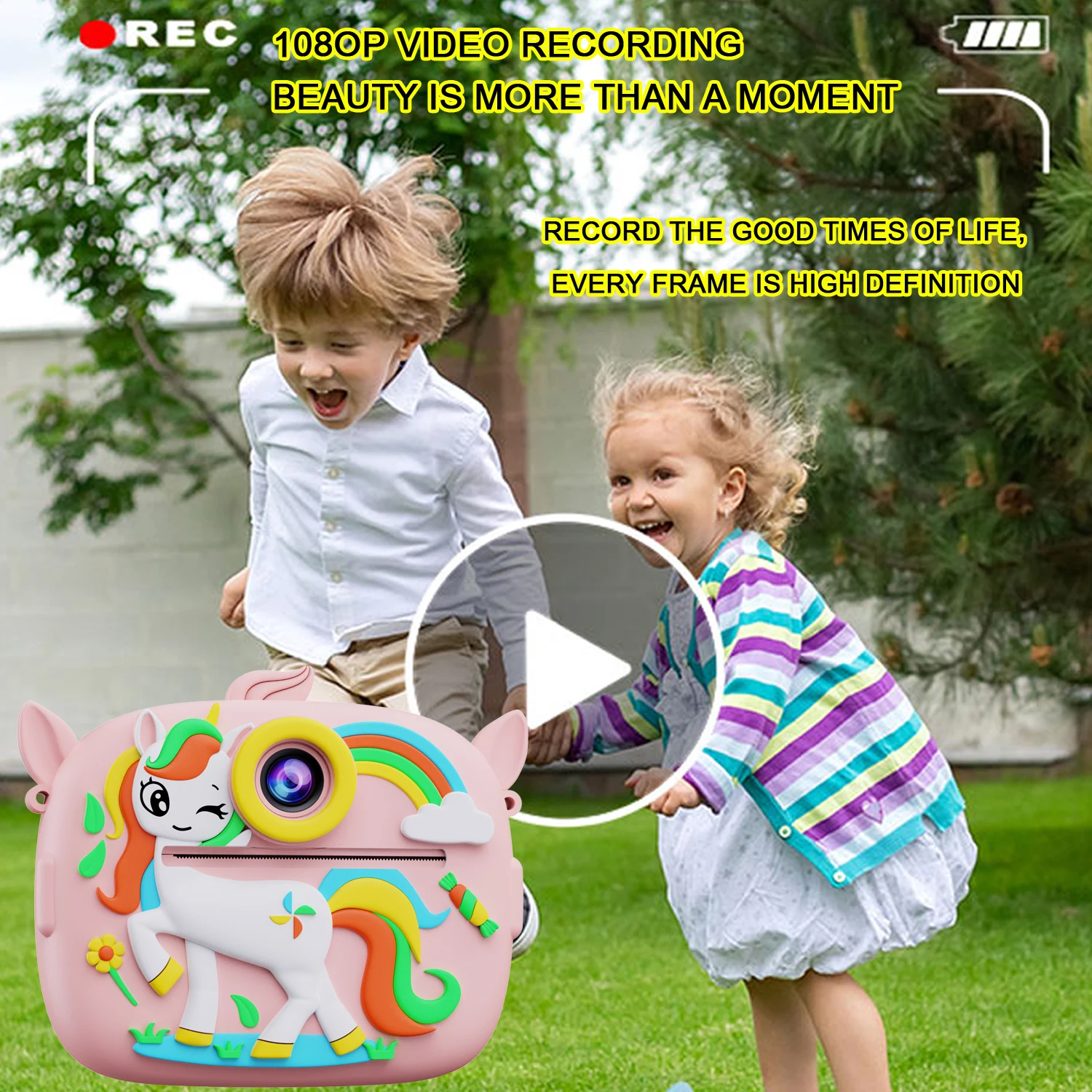 Cute Little Dinosaur Shape Kids Instant Print Camera Toy 1080P HD Dual Camera Thermal Print 32GB Memory Card Boys Girls Gift